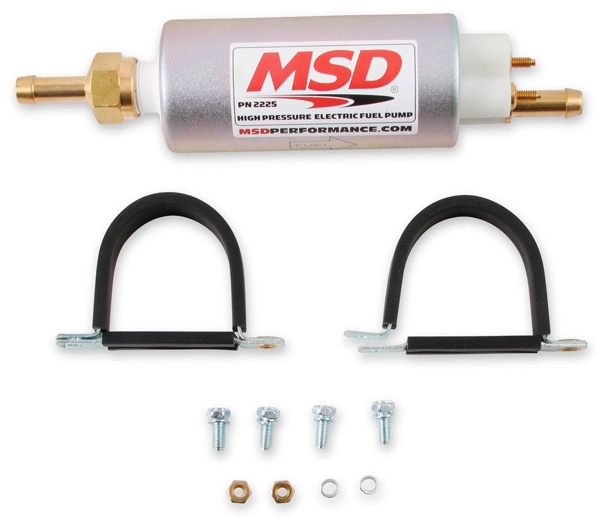 MSD Universal, Inline, External, 43 gph at 40 psi, 3/8" inlet, 5/16" barb MSD High Pressure Electric Fuel Pump MSD2225 SR